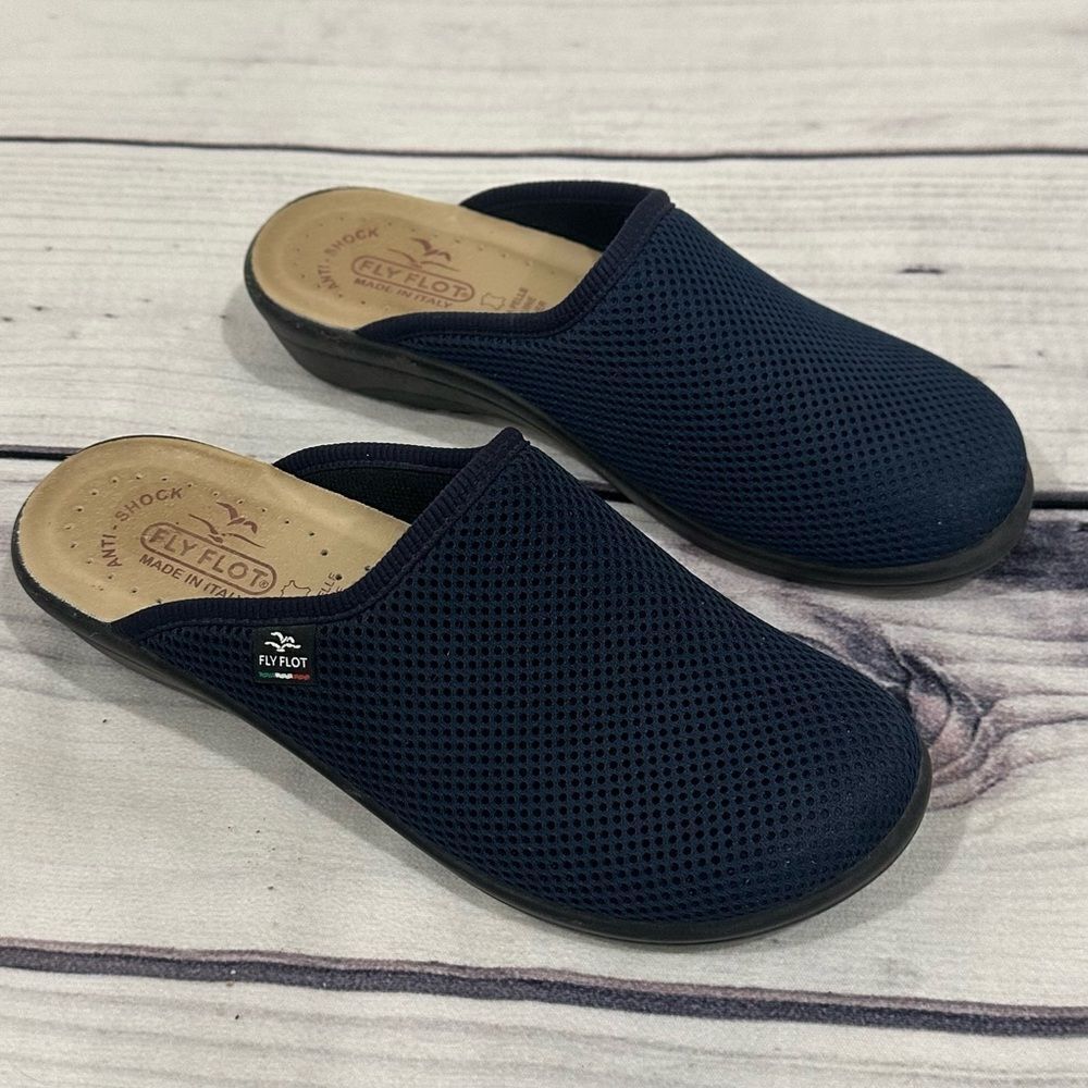 Fly Flot Blue Mesh Anti-Shock Anatomic Wedge Comfort Mule Clogs Sz 7.5 US /38 EU